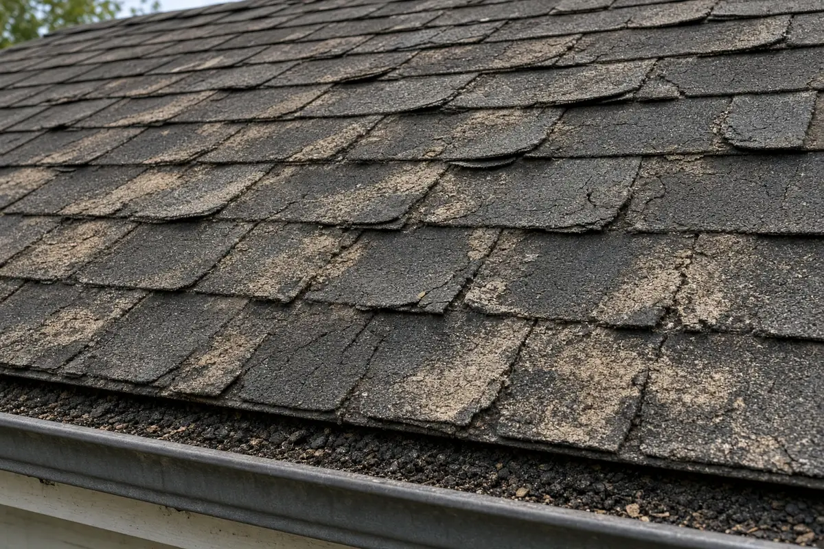 An aging roof: curling and cracked shingle edges, bare patches, and granules collecting in the gutter.